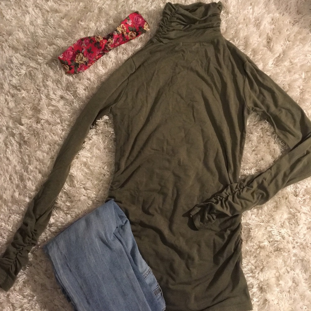 olive green cinched turtleneck NWOT